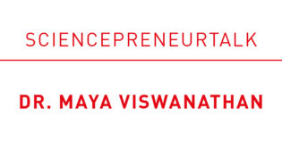 Logo banner with the headline “Sciencepreneurtalk” in red lettering and the name “Dr. Maya Viswanathan” highlighted in red underneath.