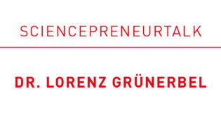 Logo banner with the headline “Sciencepreneurtalk” in red lettering and the name “Dr. Lorenz Grünerbel” highlighted in red underneath.