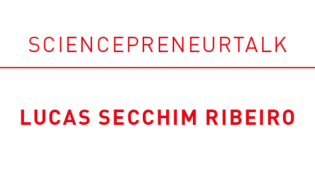 Logo banner with the headline “Sciencepreneurtalk” in red lettering and the name “Lucas Secchim Ribeiro” highlighted in red underneath.